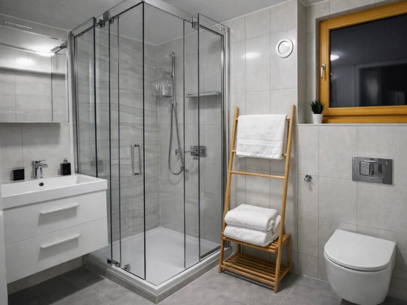 Sodobno opremljena kopalnica v apartmaju z veliko teraso